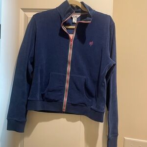 NWT Lilly Pulitzer Blue Terry Zip-Up Size Large Jacket with Pink Palm Logo